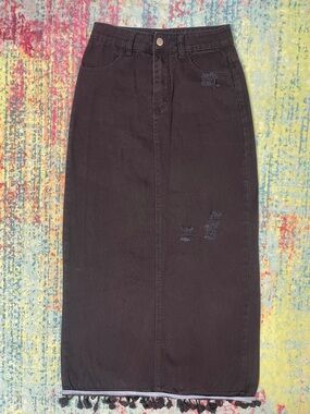 Slit in back SHEIN Black Distressed Denim Maxi Skirt